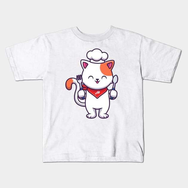 Cute Cat Chef Holding Fork And Spoon Kids T-Shirt by Catalyst Labs